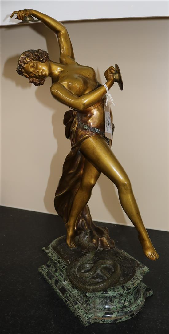 ROSSI. A bronze dancing girl with a king cobra, on a marble base, overall height 23.75in.